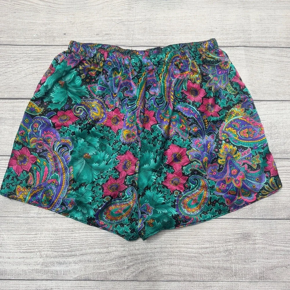 California Dynasty Vintage Floral Paisley Satin Pajama Set Shorts Tank Small USA
